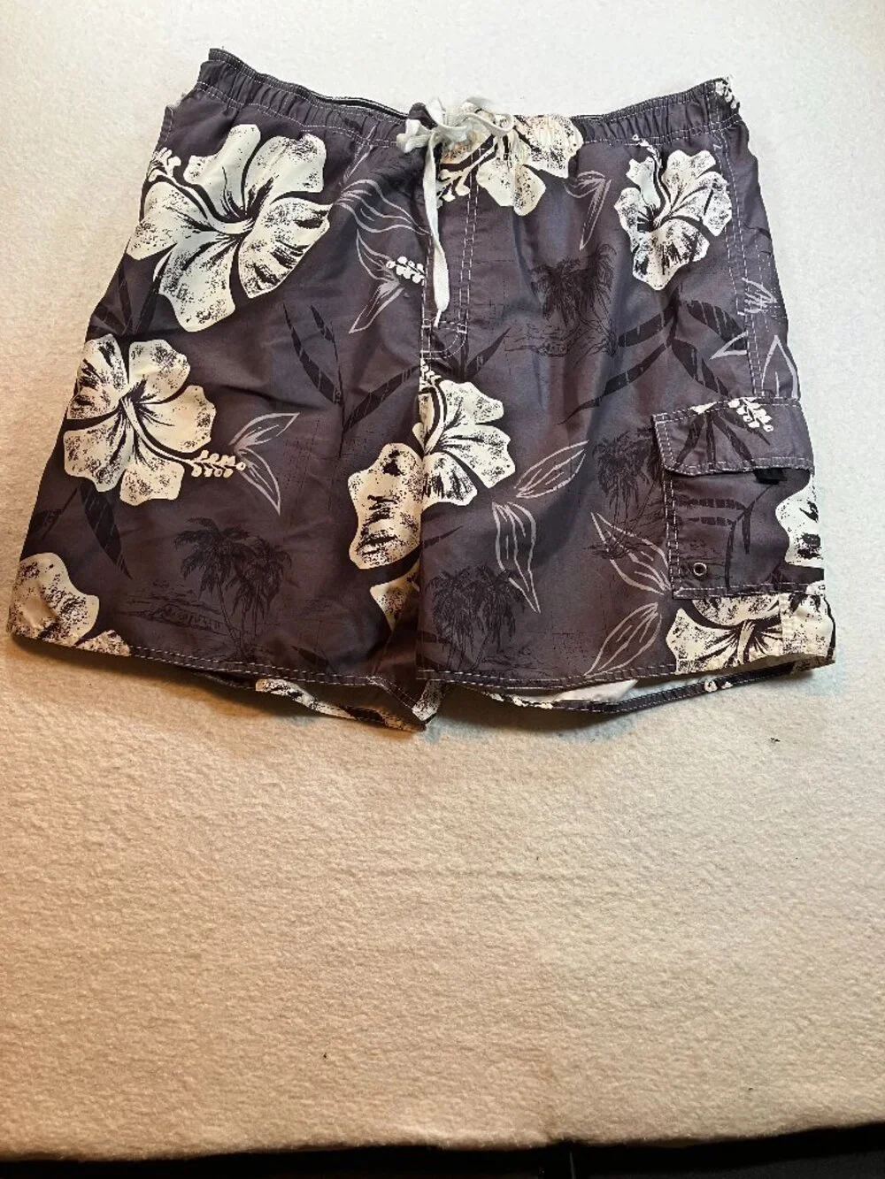 Croft and Barrow Mens XL‎ Black Hibiscus Tropical Print Swim Trunks
